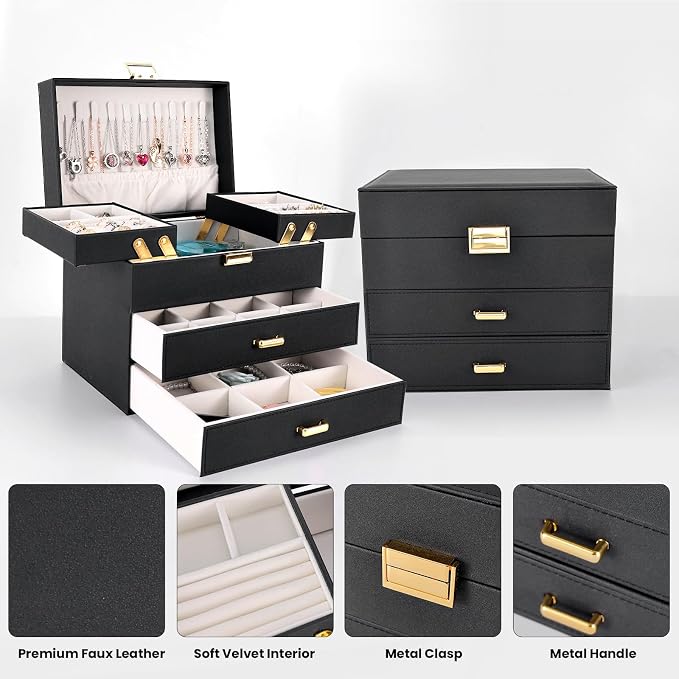 Dajasan Jewelry Organizer Box, Large Jewelry Boxes for Women Girls, Space-Saving 4 Layers Jewelry Storage Case with Drawer, Movable Metal Stand, Modern, Gift Idea (Black + Gold) - Image 5