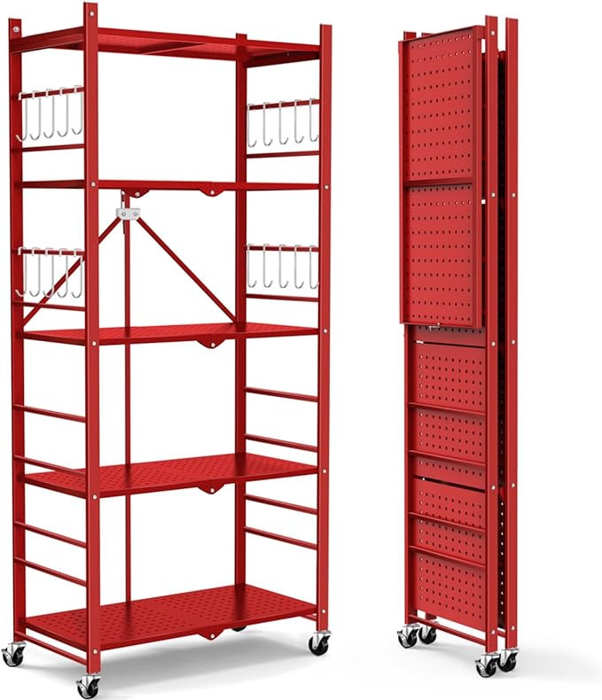 Himix Storage Shelves with 20 Hooks, 5-Tier Foldable Shelves for Storage, Folding Utility Shelf Unit Pantry Shelf with Wheels, Metal Shelving Unit Rack for Garage Christmas Room, Red - No Assembly by Himix