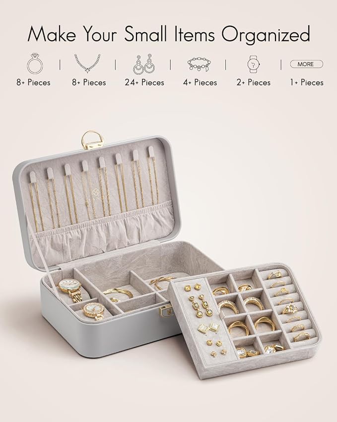 VLANDO 2 Layer Jewelry Box,Jewelry Organizer Storage Lockable Earring Organizer Removable Jewelry Tray with Watch Pillow for Neckable Ring Bracelets-Grey - Image 4
