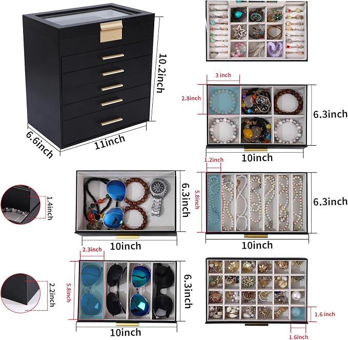 BOOVO Jewelry Boxes for Women, White and Black 6 Layer Large Jewelry Box for Necklace, Bracelet, Earrings, Rings Storage, Jewelry holder Organizer for Girls Gift (Clear Black, 6 layer) - Image 5