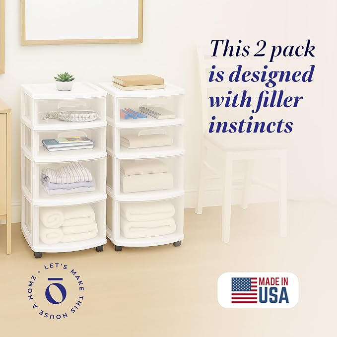 HOMZ 2-Pack Drawer Tower, 4-Tier Clear Plastic Storage Organizer Cart, White Frame - Organizing Containers with Wheels for Home, Bathroom, Bedroom, Office, and Classroom - Image 4