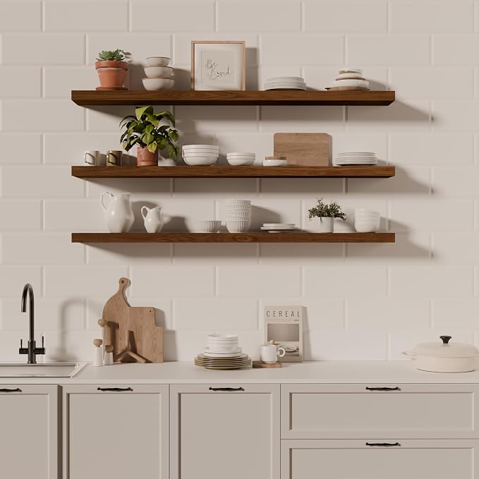 ROGMARS 60Inches Long Walnut Floating Shelves,Rustic Solid Wood Farmhouse Wall Shelves with Invisible Brackets for Bathroom, Living Room, Bedroom, Kitchen Set of 3 - Image 7
