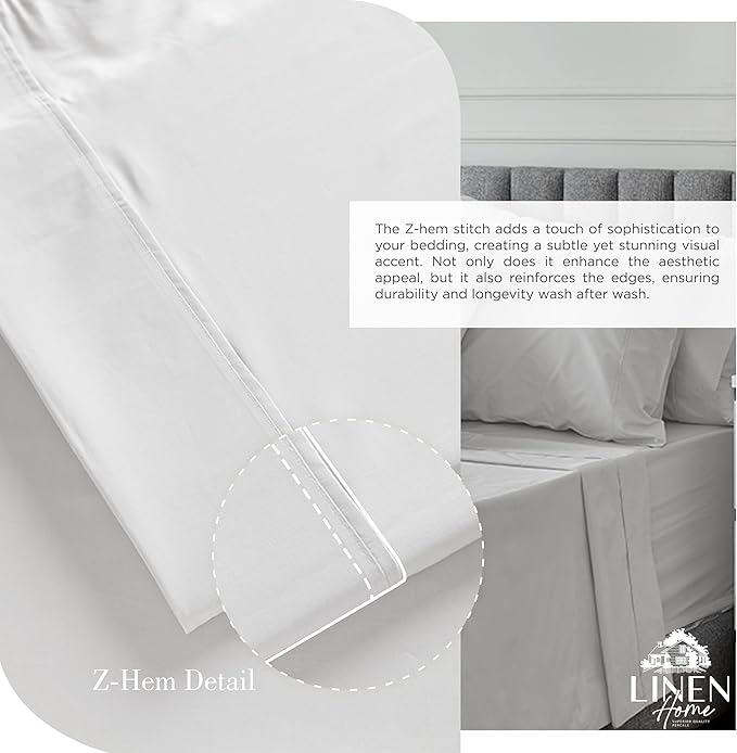 Linen Home 100% Cotton Percale Sheets Twin XL Size, Silver, Deep Pocket, 3 Pieces Set - 1 Flat, 1 Deep Pocket Fitted Sheet and 1 Pillowcase, Crisp Cool and Strong Bed Linen