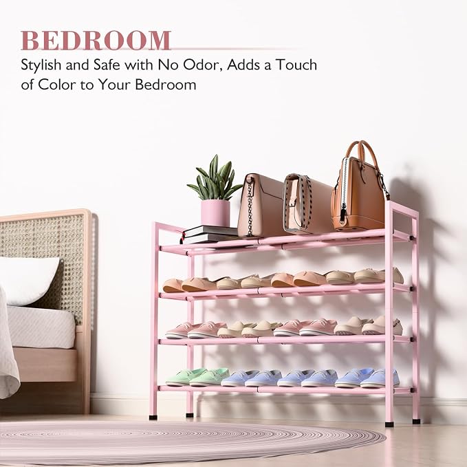 Bumusty 4-Tier Expandable Shoe Rack for Closet, 18“-33” Adjustable Shoe Rack for Small Space, Small Shoe Organizer for Front Door, Sturdy Metal, Pink - Image 4
