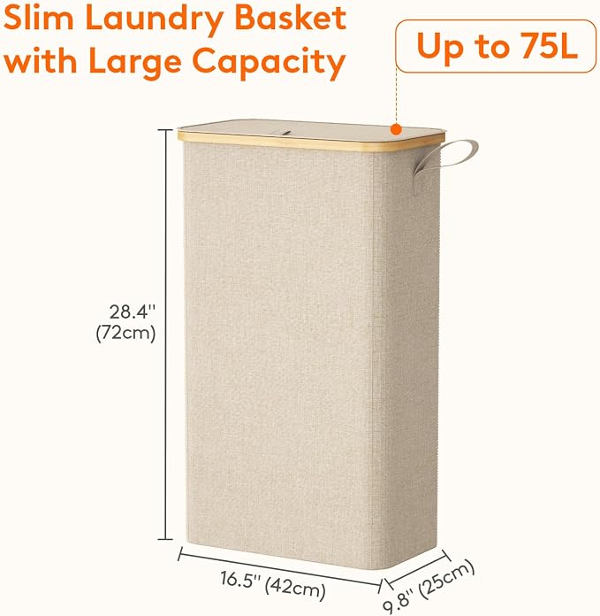 Lifewit 75L Slim Laundry Hamper with Lid, Narrow Laundry Basket with Removable Bag & Bamboo Handles, Fodable Thin Dirty Clothes Hamper for Laundry Collapsible Bin for Bathroom Bedroom Dorm, Beige - Image 3
