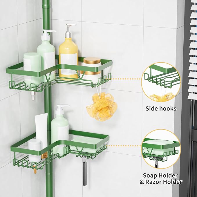 KEGII Shower Caddy Tension Pole, 4-Tier Rustproof Adjustable Corner Bathroom Organizer for Renters, 25–114.2 Inch No Drill Space-Saving Shower Storage Rack, Emerald Green - Image 3