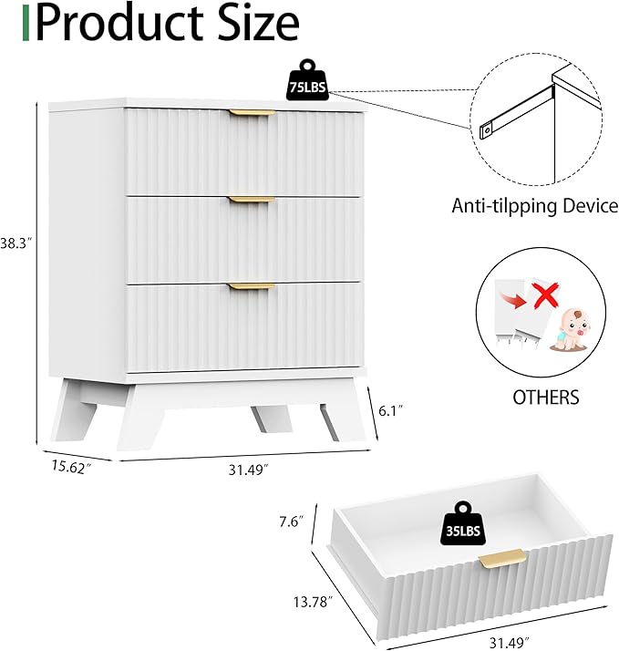 Fluted Dresser for Bedroom with 3 Drawers, 24" Wide Modern Chest of Drawers with Metal Handle, Wooden Dresser TV Stand, Wood Closet Clothes Storage Drawer Organizer for Living Room, Hallway, White