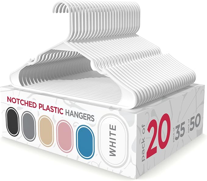 Sharpty - Plastic Hangers - Adult Clothes Hangers - T-Shirt, Dress, Coat Hangers & Accessories - Notched Hanger, Durable & Versatile Color Clothing Closet Hanger(20-Pack ,White) by Sharpty