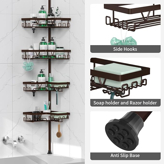 DAOYA Corner Shower Caddy Tension Pole - Adjustable 4-Tier Shower Shelf Stainless Steel Corner Tension Rod Bathroom Organizer Shampoo Holder with Soap Holders & Hooks for Bath, Tub, Floor Space Saving - Image 5