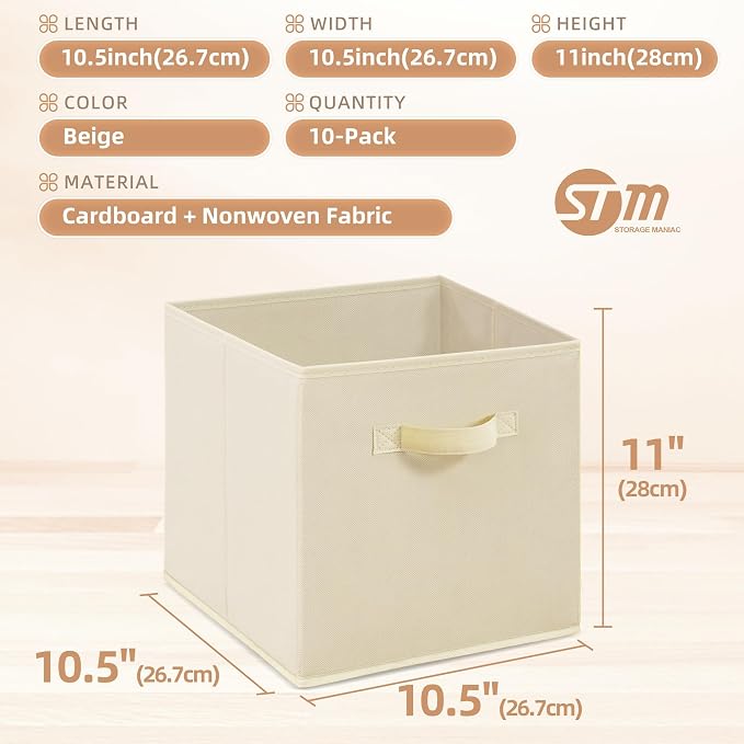 STORAGE MANIAC Storage Cubes, 11 Inch Collapsible Storage Bins with Handles, 10 Pack Fabric Foldable Bins for Organization, Durable Storage Bins for Closet, Shelves, Offices, Toys, 10-Pack Beige - Image 5