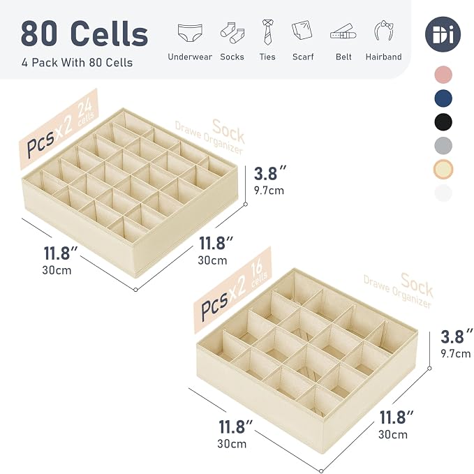 Joyoldelf Sock Drawer Organizer Divider 4 Packs Underwear Organizer, 2 x 24 Cell + 2 x 16 Cell Closet Organizers and Storage Sock Holders for Storing Socks, Handkerchiefs, Ties, Belts (Beige) - Image 2