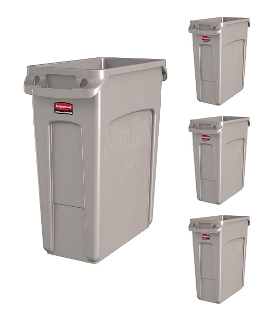 Rubbermaid Commercial Products Slim Jim Trash/Garbage Can with Venting Channels, 16-Gallon, Beige, for Kitchen/Office/Workspace, Pack of 4 by RubbermaidCommercialProducts