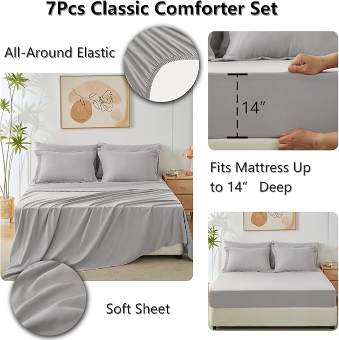 CozyLux Full Size Comforter Sets French Grey - 7 Pieces Bed in a Bag Full, Luxury Soft Bed Set for All Seasons, Bedding Set with Down Alternative Comforter, Sheets, Pillowcases & Shams