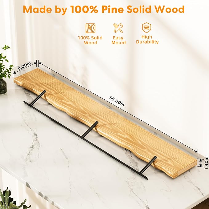 Floating Shelves for Wall Rustic Farmhouse 55 Inch Floating Shelf Bathroom Wooden Shelves for Wall Mounted Live Edge Pine Shelf with Unique Natural Grain for Living Room Bedroom Kitchen (Natural) - Image 3