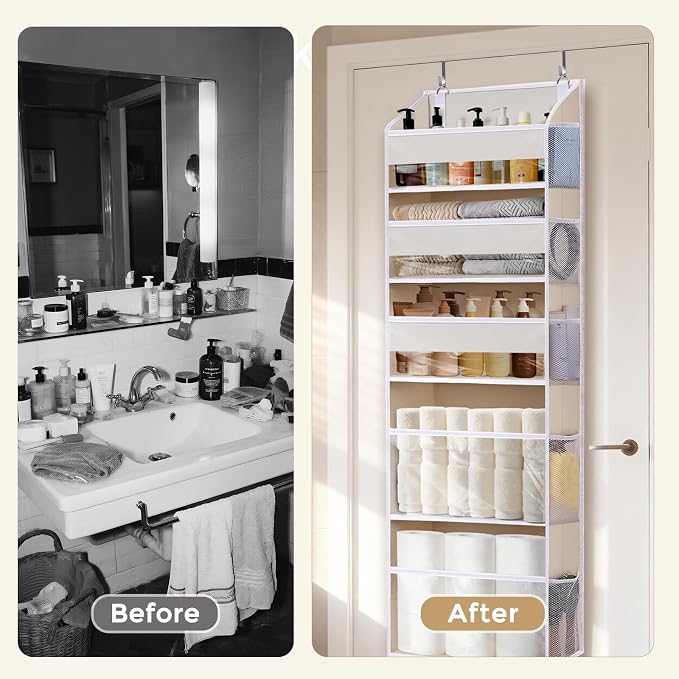 5 Tiers Over the Door Organizer with 10 Mesh Side Pockets, 44 lbs Weight Capacity Closet Hanging Storage Organizer with Large Clear Window Kids Toys, Shoes, Diapers, Beige - Image 7