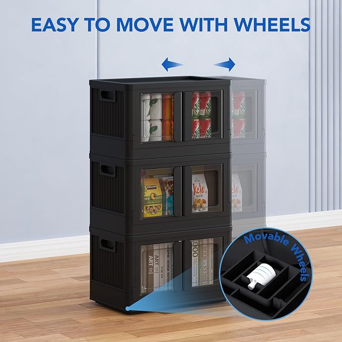 FLEXIMOUNTS 75 QT Stackable Storage Bins With Lids, Collapsible Plastic Storage Bins, Closet Organizers and Storage Containers with Doors and Built-in Wheels For Home, 2 Pack Cubes, Black - Image 6