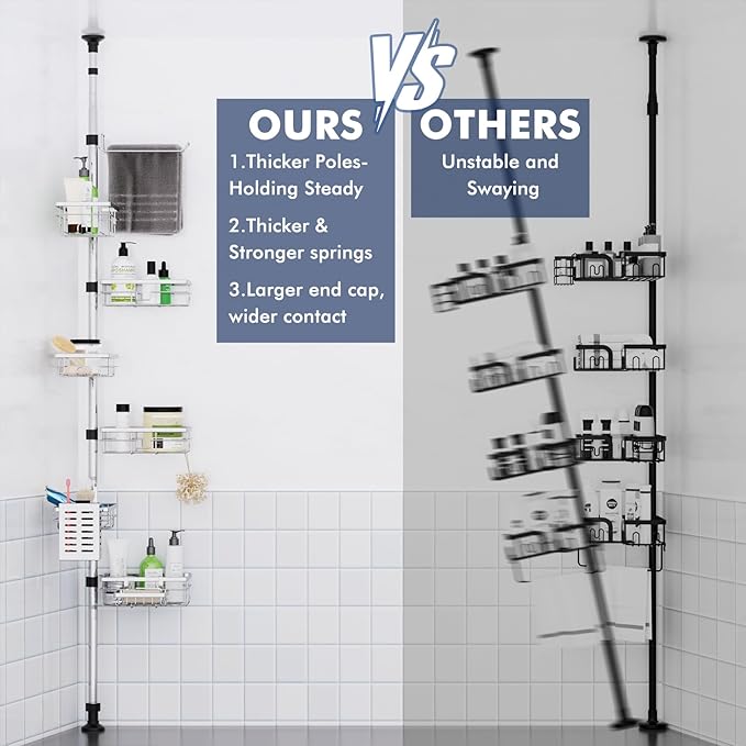 Vatex Shower Caddy Corner Tension Pole, Stainless Steel Rustproof 6 Shelves Bathroom Organizer with Towel Bar & Toothbrush Holder, Adjustable Shower Shelf for Renters - Family Stand Storage Rack - Image 4
