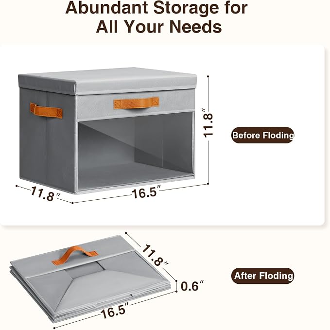 Homsorout Large Storage Bins with Lids - 4 Pack Foldable Decorative Organizers with Clear Windows & Handles, Cube Storage Organizers for Clothes, Blankets, Sweaters, Sheets, Grey - Image 7