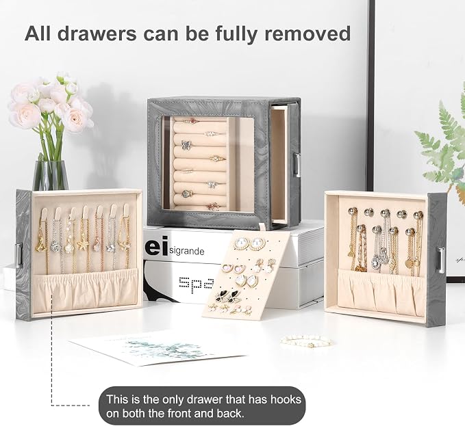DesignSter Jewelry Box Organizer, Jewelry Box for Women, PU Jewelry Organizer Display Case with Side Drawers, Jewelry Storage for Earring Necklace Ring Bracelet Watch - Image 7