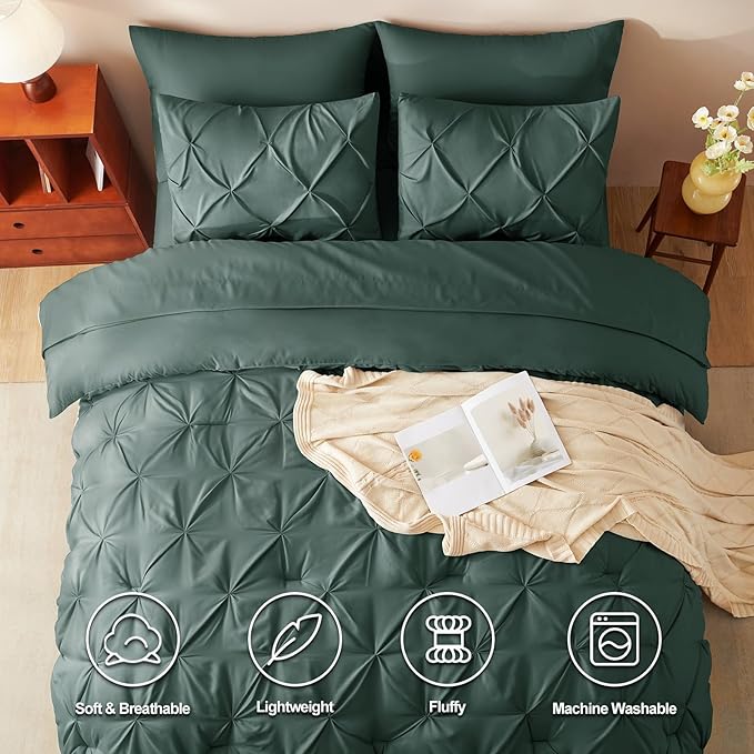 CozyLux Full Size Comforter Sets Forest Green, 7 Pieces Bed in A Bag Green Comforter Full Size, Pinch Pleat Bedding Sets with All Season Comforter, Sheets, Pillowcases & Shams