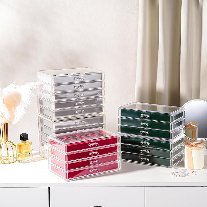 Lolalet Earring Holder Organizer Box Jewelry Storage with 6 Drawers, Clear Acrylic Stackable Earring Case with Adjustable Velvet Trays for Women on Dresser Vanity -Red, 6 Layers - Image 3