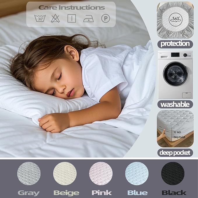 Bedding Quilted Fitted Mattress Cover, Elastic Fitted Mattress Protector, Mattress Pad Stretches up to 12 Inches Deep, Machine Washable Mattress Topper (Gray, King)