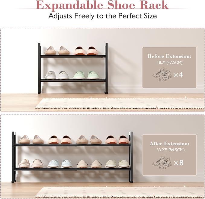 Bumusty 2 Tier Expandable Shoe Rack for Closet, 18“-33” Adjustable Shoe Rack for Small Space, Small Shoe Organizer for Front Door, Sturdy Metal, Black - Image 4