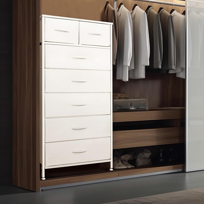 Mifuro Tall Dresser for Bedroom, Vertical Storage Organizer Tower with 7 Drawers, Chest of Drawers with Fabric Bins, Steel Frame, Wood Top for Bedroom, Closet, Entryway- White - Image 4