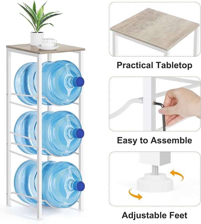5 Gallon Water Bottle Holder Storage Rack, Water Cooler Jug Holder with Storage Shelves, 3-Tier Water Dispenser Stand for Kitchen Living Room Office, Rustic Grey - Image 3