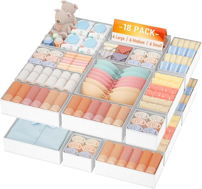 DIMJ Drawer Organizer Clothes Storage- 18 Pack Baby Dresser Organizer for Nursery, Foldable Closet Drawer Organizer Bins for Bedroom Organization, Fabric Storage Dividers for Socks, Underwears, Bras by DiMJ