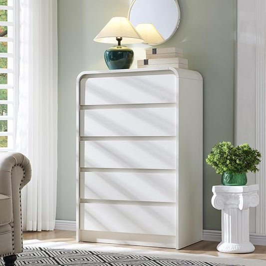 Aitjunz Modern 5 Drawers Dresser for Bedroom, 45" Tall Dressers & Chests of Drawers w/Curved Profile Design, Wood Mid Century Vertical Dresser w/Natural Texture for Bedroom, Living Room, Antique White