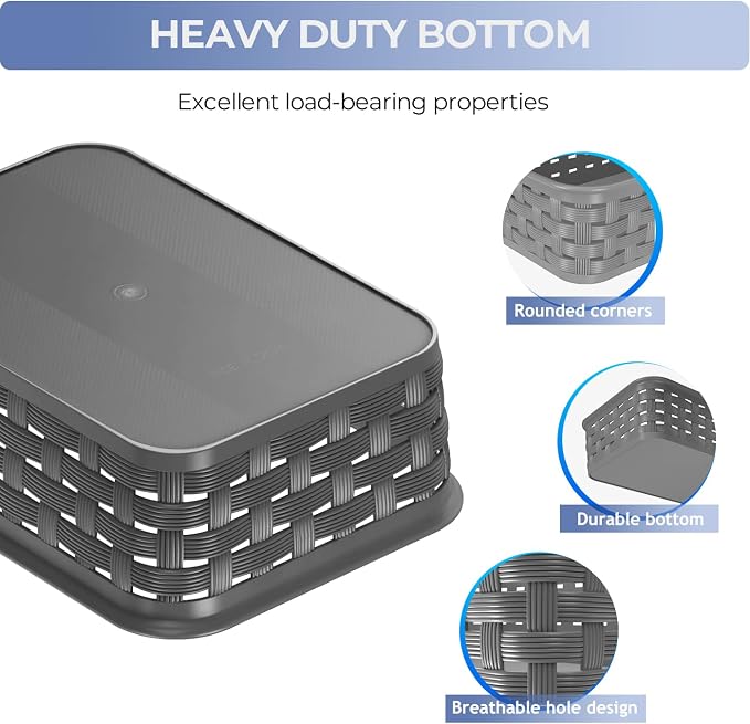 3 Pack Small Plastic Basket, Storage Bin Baskets for Organizing, Pantry Organizer Household Wicker Storage for Laundry Room, Bedrooms, Kitchens, Cabinets, Countertops, Dark Gray - Image 2