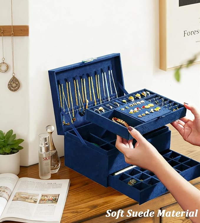 QBestry 3-Layer Jewelry Box for Women with Lock and Key & Drawer, Large Jewelry Organizer with 8 Necklace Hooks & 56 Earring Holes, Navy Velvet Jewelry Storage Box for Necklaces Earrings Ring Bracelet - Image 8