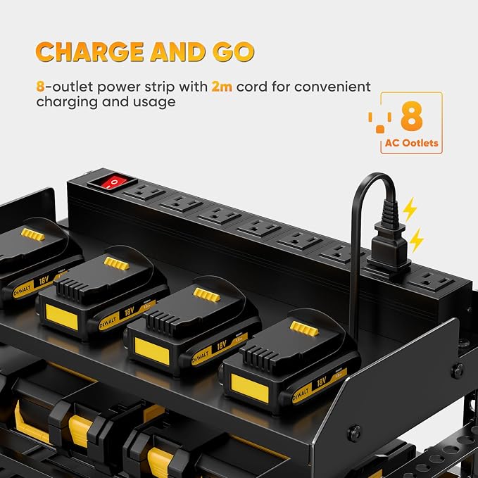 POKIPO Power Tool Organizer Wall Mount with Charging Station,Tool Storage Rack with 8 Outlet Power Strip,Heavy Duty Metal Battery Utility Rack with 4 Cordless Drill Holder 6.56 Ft Cord for Garage - Image 2