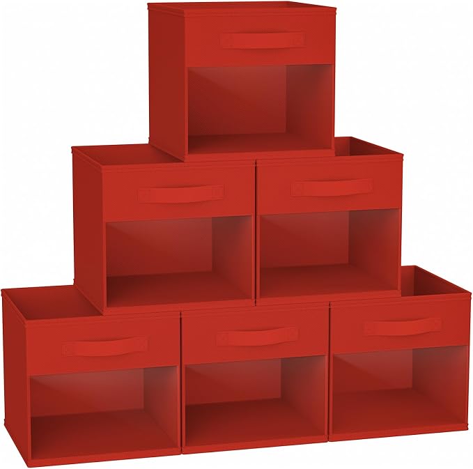 DIMJ Cube Bins, 12.2-Inch Storage Bins Cubes with Window, 6 Packs Collapsible Storage Bins with Handles, Closet Storage Baskets for Organizing Living Room, Office, 6 Pack,Red by DiMJ