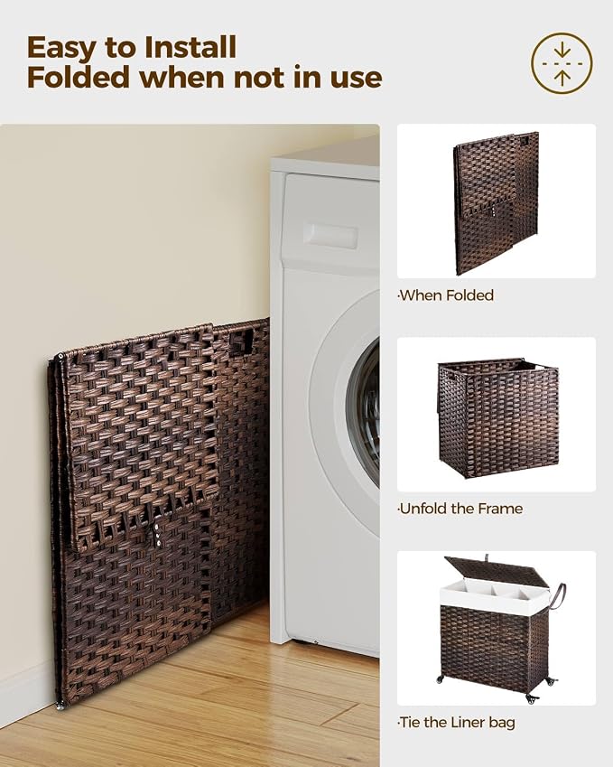 GREENSTELL Laundry Hamper with Wheels&Lid, 130L Large 3 Sections Clothes Hamper with 2 Types Removable Liner Bags, 5 Mesh Laundry Bags, Handwoven Divided Laundry Basket Brown - Image 8
