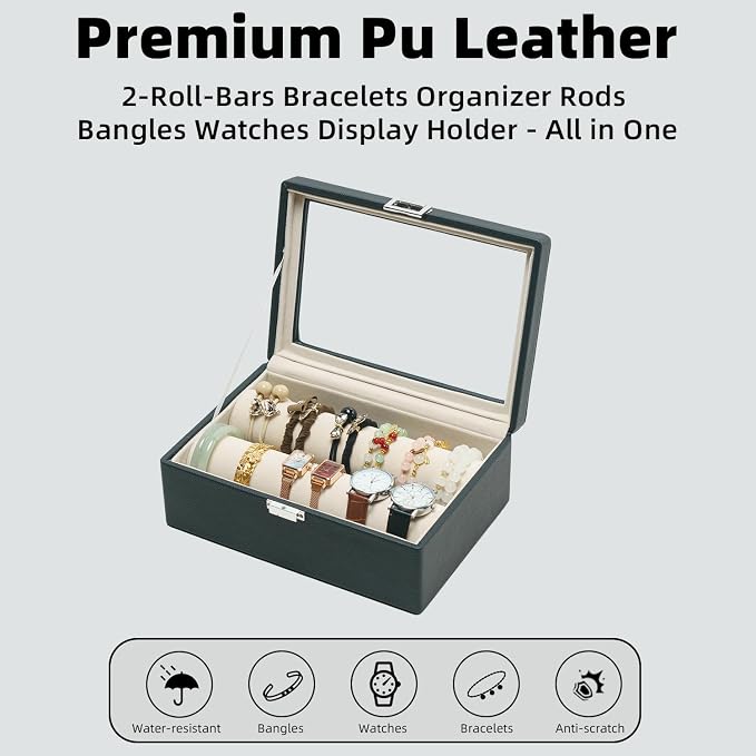 Bracelets Organizer Rods Bangles Display Holder, Clear See through Lid Leather Velvet Jewelry Storage Box Case for Women, 2 Rods Black Leather - Image 5