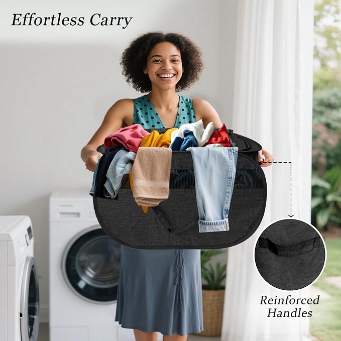 Upgraded 100L Extra Large Mesh Pop Up Laundry Hamper with Lid & Handles, XL Foldable Dirty Clothes Basket for Home Dorm Closet Storage, Portable Laundry Bin, Black. H - Image 6