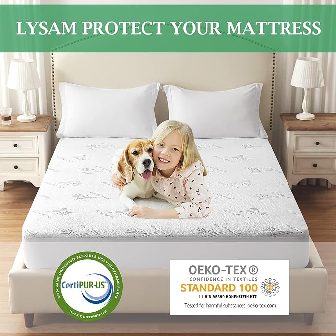 Lysam Mattress Protector King, Cooling Bed Mattress Cover Waterproof, 76"x 80" Bed Cover Noiseless Breathable Soft, Machine Washable Fitted Deep Pocket Mattress Pad Cooling for Baby Pregnant