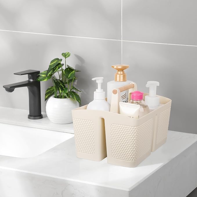 rejomiik Portable Shower Caddy Basket Plastic Cleaning Caddy Organizer Storage Tote with Handle for Bathroom, College, Dorm Room Essentials, Cream - Image 2