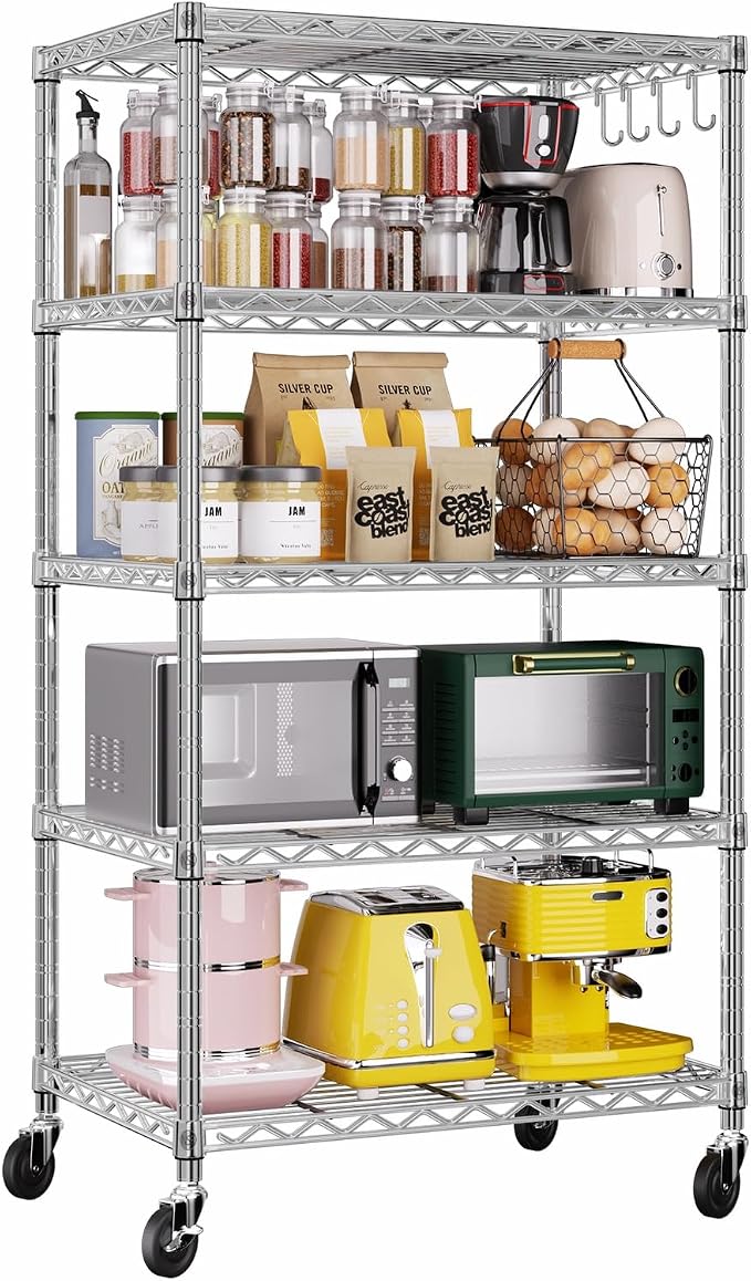 PrimeZone 75" H Wire Shelving 5 Tier Slim Steel Storage Metal Shelves with Wheels,Adjustable Kitchen Utility Shelving Unit,Pantry Rack Rolling Metal Shelf Chrome 24" Wx18 Dx75 H by PrimeZone