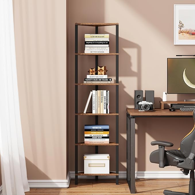 TUTOTAK Corner Shelf, 6-Tier Corner Bookshelf for Small Space, Narrow Display Corner Shelf Stand with Storage Rack, for Living Room, Bedroom, Rustic Brown BS05BB006 - Image 3