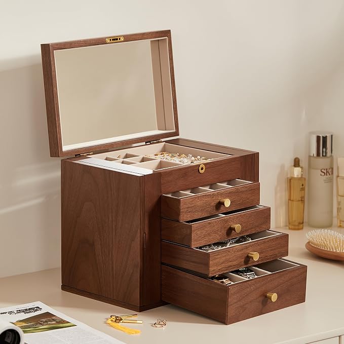 Black Walnut Wooden Jewelry Box, Wood Jewelry Organizer with 2 Side Doors Mirror Lockable Classical Style for Watch Necklace Ring Earring Storage Mothers Day Gifts for Mom-5 Layer - Image 4