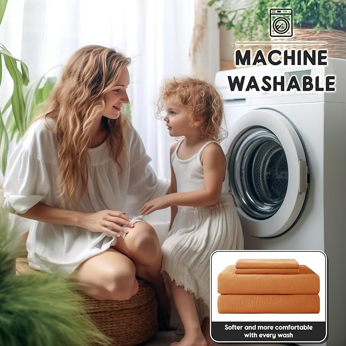 SONORO KATE 100% French Pure Linen Sheets, Breathable and Durable Linen King Size Sheets, Anti-Tear Linen Bed Sheets, Machine Washable, 16 Inch Deep Pocket - 4 Piece (Orange, King)