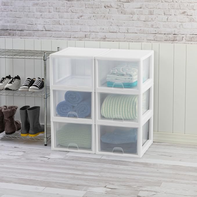 Sterilite 4-Pack Stacking Drawer, Clear Storage Organizer Containers, 27 Quart, White Frame - Stackable and Modular Plastic Drawers for Shoes, Clothes, Accessories, Supplies, Bedding, and Linens - Image 8