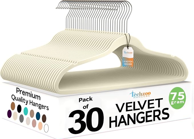 Techzoo Premium Velvet Hangers 30 Pack Ultra Thin Non Slip Adult Felt Space Saving Suit Hanger for Closet Heavy Duty Coat Pants Jackets Dress Hangers 360° Swivel Hook Hold Upto 10 lbs Ivory by TECHZOO