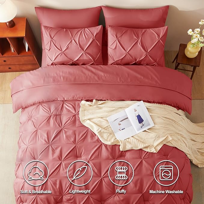 CozyLux Queen Comforter Set Coral, 7 Pieces Pintuck Bed in A Bag, Premium Coral Comforter Queen Size, Pinch Pleat Bedding Sets with Comforter, Flat Sheet, Fitted Sheet, Pillowcases & Shams