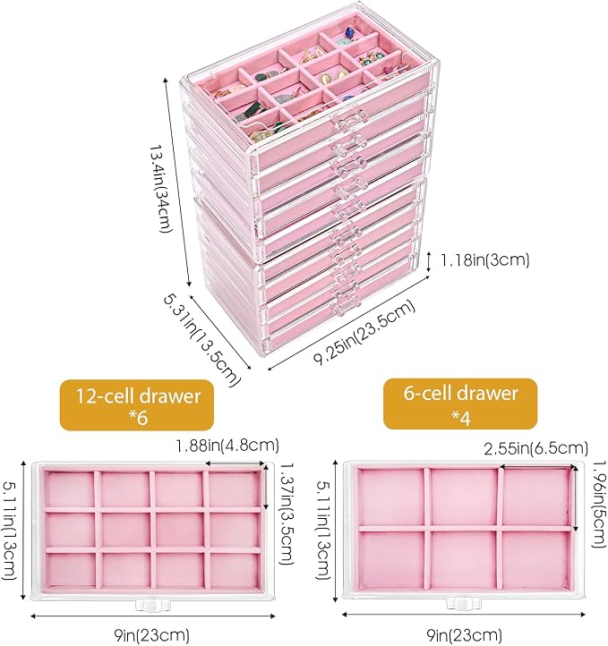 ProCase Earring Holder Organizer Jewelry Box with 10 Drawers, Acrylic Clear Earring Case with Adjustable Velvet Trays for Women - Pink, 10 Layers - Image 4