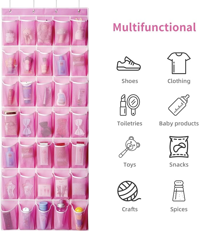 SAVERHO 35 Pockets Over the Door Shoe Organizer, Hanging Shoe Organizer for Door with 35 Mesh Pockets Large Capacity Shoe Hanging Storage Bag with 4 Metal Hooks (Pink-1Pack) - Image 7