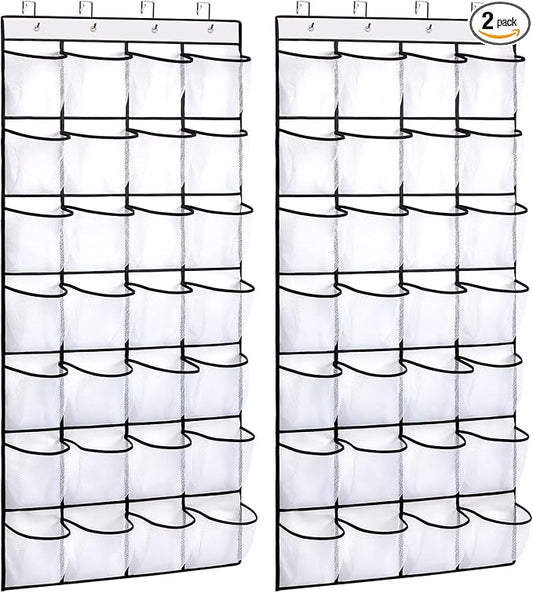 REGELETO 2 Pack 28 Pocket Over the Door Shoe Organizer, Hanging Shoe Rack for Door Large Capacity Shoe Organizer Holder with 4 Metal Hooks (White-2Pack) by REGELETO